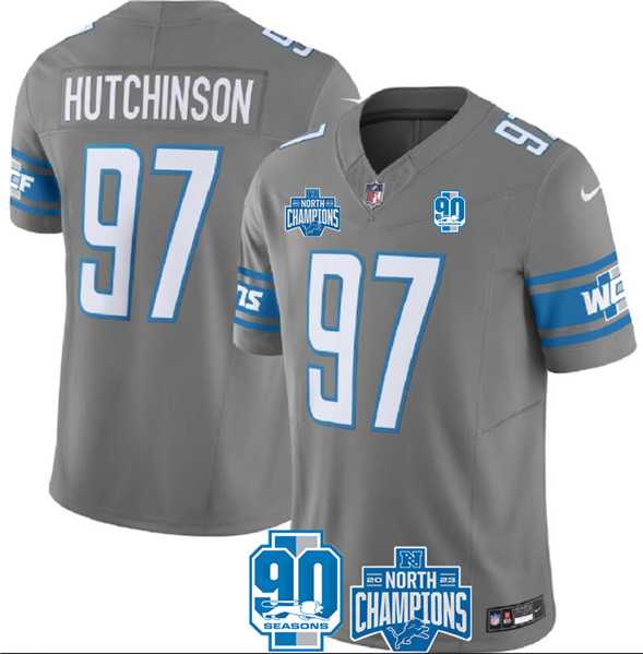Men & Women & Youth Detroit Lions #97 Aidan Hutchinson Gray 2023 90th Anniversary North Division Champions Patch Limited Stitched Jersey,We sell and wholesale Men & Women & Youth Detroit Lions #97 Aidan Hutchinson Gray 2023 90th Anniversary North Division Champions Patch Limited Stitched Jersey on line form chian!